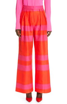 Brandon Maxwell Neon Stripe Pleated Wide Leg Cotton & Silk Trousers in Flame Orange /Pink Glo