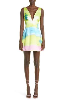 Brandon Maxwell Palm Print Plunge Neck Silk Bubble Dress in Sunset Lilac Primrose