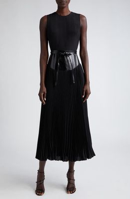 Brandon Maxwell The Claudia Leather Waist Pleated Dress in Black