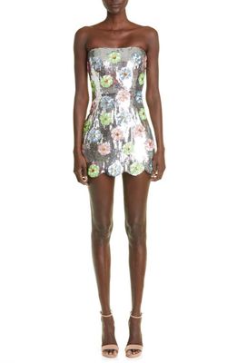 Brandon Maxwell The Esme Sequin Floral Strapless Minidress in Silver And Pastel