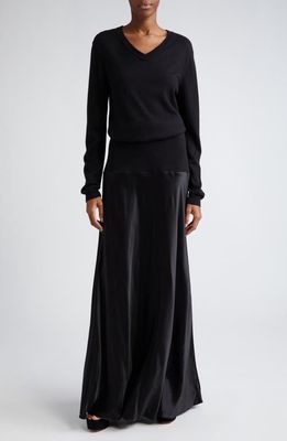 Brandon Maxwell The Kerolyn Long Sleeve Contrast Top Silk & Cashmere Blend Dress in Black
