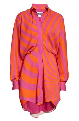 Brandon Maxwell The Nouveau Long Sleeve Mini Shirtdress in Fuschia And Orange Swirl
