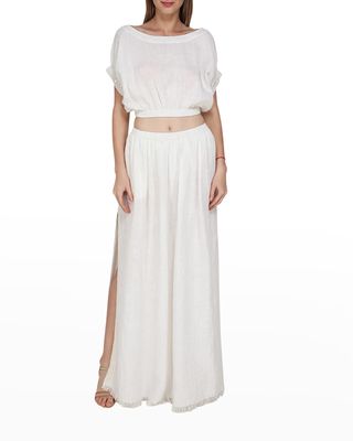Brava Linen Elastic Waist Skirt w/ Sequin-Lace Insets