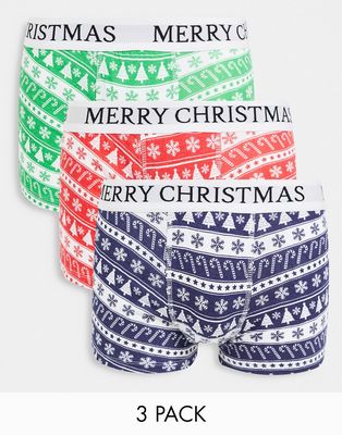Brave Soul 3-pack Christmas boxers in Fair Isle print-Red