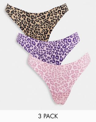 Brave Soul 3 pack microfiber thongs in yellow purple and pink leopard print
