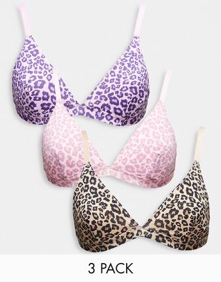 Brave Soul 3 pack microfibre bra in yellow purple and pink leopard print
