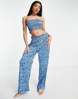 Brave Soul bandeau and wide leg pants beach set in blue swirl print