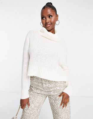 Brave Soul Cattio boxy cropped roll neck sweater in ivory-White