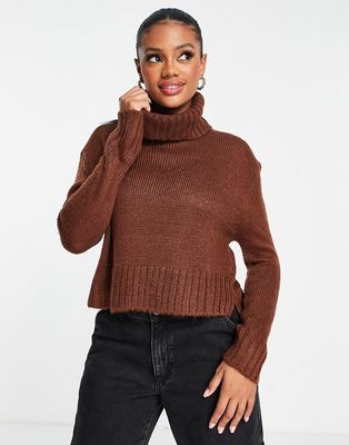 Brave Soul cattio boxy cropped turtle neck sweater in brown