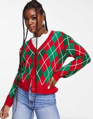 Brave Soul christmas cardigan in red argyle
