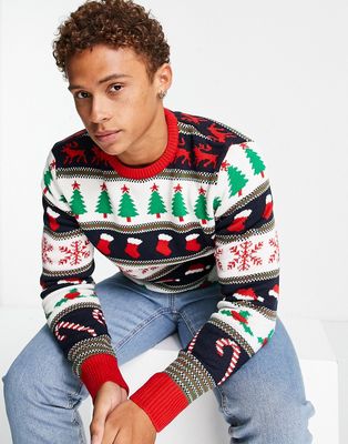 Brave Soul Christmas crew neck sweater in red multi