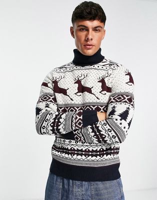 Brave Soul Christmas roll neck sweater in white multi
