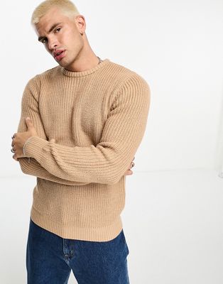 Brave Soul chunky fisherman knit sweater in beige-Neutral