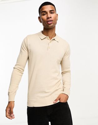 Brave Soul cotton long sleeve knitted polo in stone-Neutral