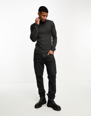 Brave Soul cotton ribbed roll neck sweater in charcoal-Gray