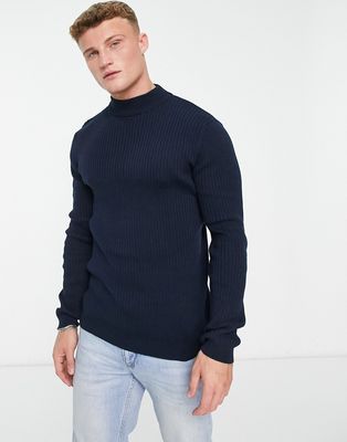 Brave Soul cotton ribbed turtle neck sweater in navy