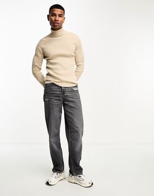Brave Soul cotton ribbed turtle neck sweater in stone-Neutral