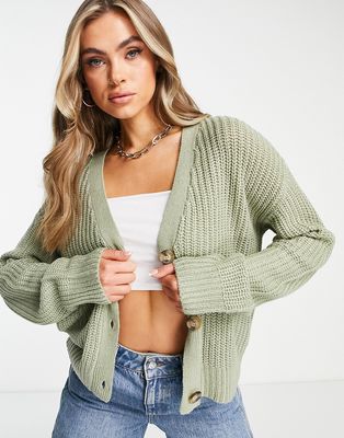 Brave Soul daisy button down boxy cardigan in sage-Green