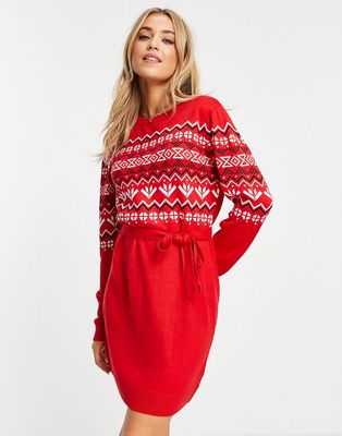 Brave Soul fairisle christmas sweater dress with tie-Red