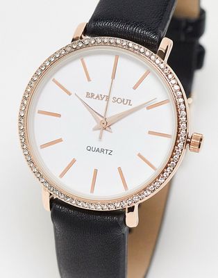 Brave Soul faux leather strap watch with diamante detail in black and gold
