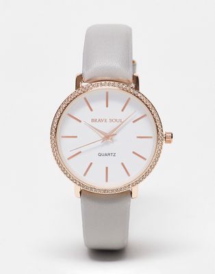Brave Soul faux leather strap watch with diamante detail in gray and rose gold