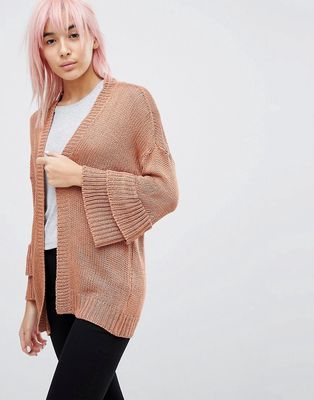 Brave Soul Frill Sleeve Cardigan In Chenille-Neutral