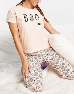 Brave Soul halloween boo spider pajamas in peach and black-Pink