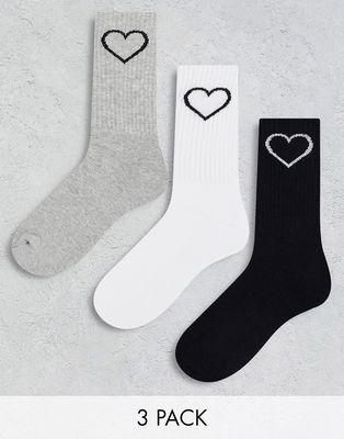 Brave Soul love 3 pack crew socks in black white gray