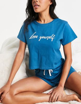Brave Soul love yourself shorts pajama set in turquoise-Blue