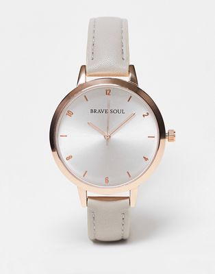Brave Soul minimal faux leather strap watch in gray and rose gold