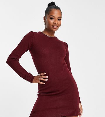 Brave Soul Petite grungy crew neck sweater dress in burgundy-Red