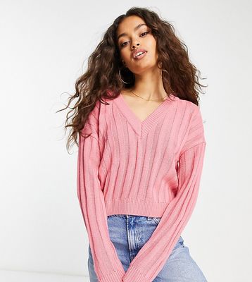 Brave Soul Petite kansas ribbed v-neck sweater in pink