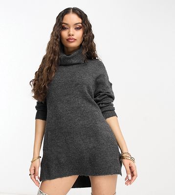 Brave Soul Petite ming knit roll neck sweater dress in dark gray