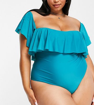 Brave Soul Plus bandeau swimsuit with frill detail in blue-Green