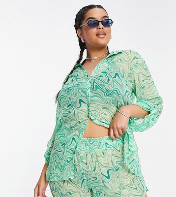 Brave Soul Plus beach shirt and short set in green swirl print