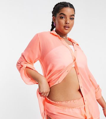 Brave Soul Plus beach shirt and shorts set in neon coral-Orange