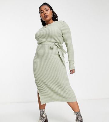 Brave Soul Plus eddie knitted dress with slit in sage-Green
