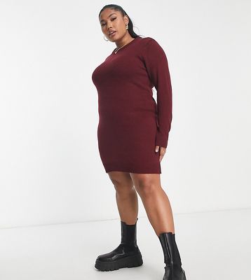 Brave Soul Plus grungy crew neck sweater dress in burgundy-Red