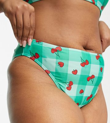 Brave Soul Plus high waist bikini bottom in light green cherry check print