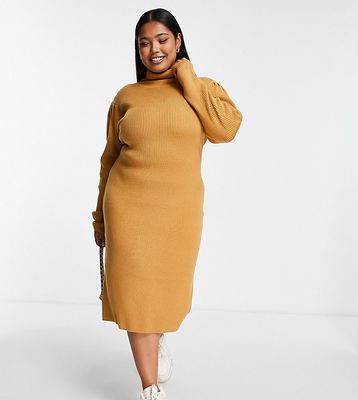 Brave Soul Plus juliet high neck knitted sweater dress in camel-Neutral