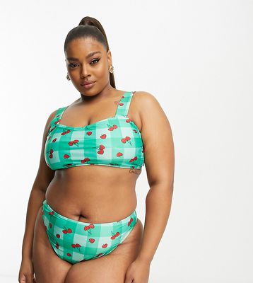 Brave Soul Plus square neck bikini top in light green cherry check print