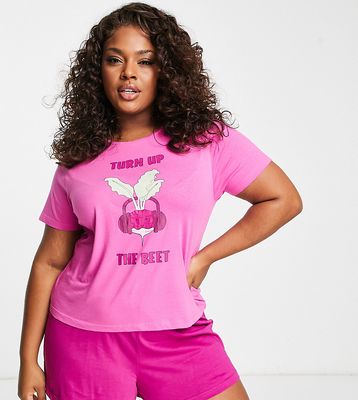 Brave Soul Plus turn up the beet short pajama set in pink and purple
