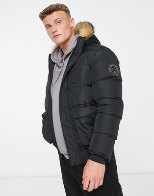 Brave Soul puffer bomber jacket with faux fur hood in black