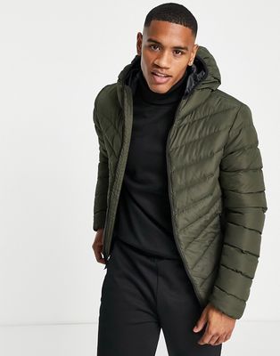 Brave Soul puffer jacket with hood in khaki-Green