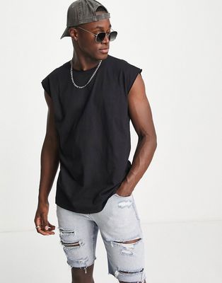 Brave Soul raw edge sleeveless t-shirt tank in black