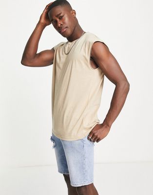 Brave Soul raw edge sleeveless T-shirt tank top in taupe-Neutral