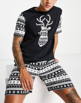 Brave Soul reindeer fairisle short pajama set in black and white