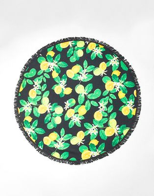 Brave Soul round beach towel with tassel trim in black and yellow lemon print - MGREEN