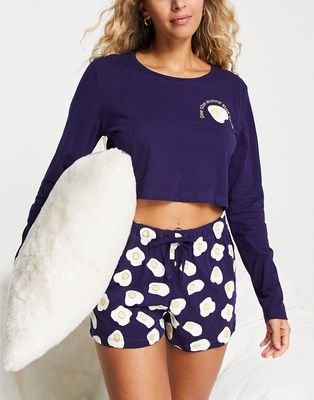 Brave Soul see the sunny side of life crop tee short pajama set in navy egg print