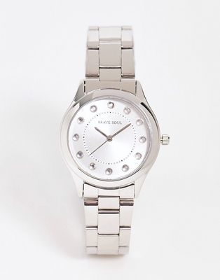 Brave Soul stainless steel bracelet watch with diamante face detail in silver